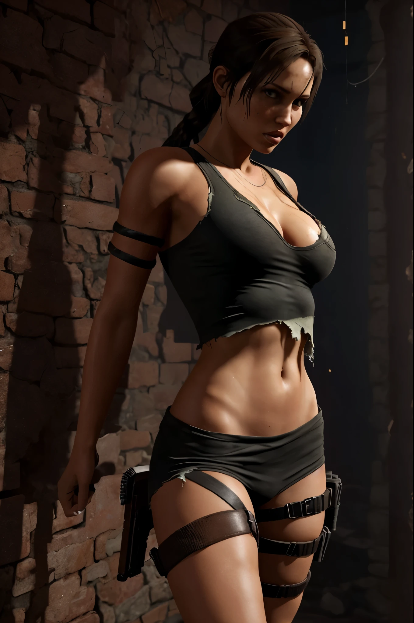 Nsfw, Lara Croft, (master part, 4k resolution, ultra-realistic, altamente detalhado), (Charismatic, no topo da cidade), corpo inteiro, noite, dynamic lights, curvas perfeitas, action pose, pose dinamica