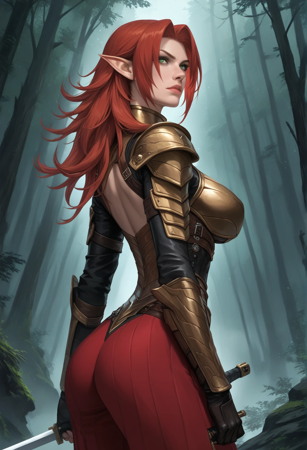 score_9, score_8_up, score_7_up, (An Anthro furry wolf girl, golden blonde furry body, red hair, wolf snout, black nose, MaleniaDef, helmet, covered eyes, covered eyes, single mechanical arm, prosthesis), naked, nipples, full body shot, majestically walking, holding a golden curved sword, in a cave with overgrown trees and vines, cowboy shot, upper body shot, close up