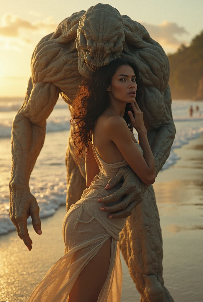 A giant cat stalks and eats a bikini clad woman, beach by moonlight, horror, at plays with prey