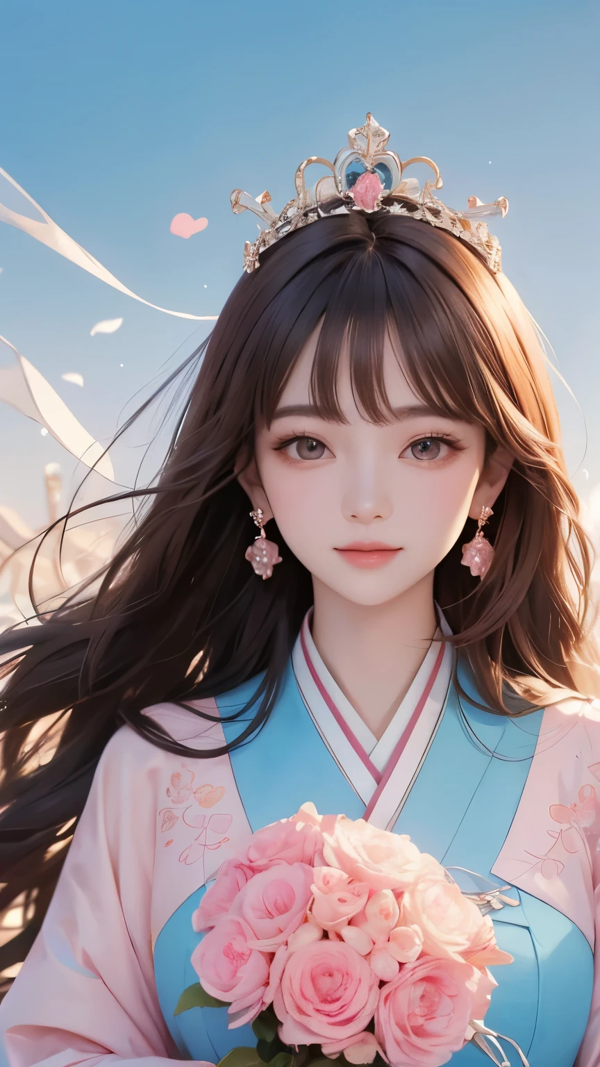 Her body and face are fully Front -facing, with her eyes gazing directly forward. Full Front 、Center、Body orientation: Front 、Front 、Center、South Korea人、 Japanese、 beautiful women、30th Generation、 looking at camera、Front -facing、line of sight Front 、 upper body、gorgeous、Wear only Charisma 、顔Front 、body Front 、 , Vertical Roll, Reddish brown hair、very long hair, Light blue and pink hanbok 、 light blue and pink dress、Long Sleeve 、collar、With collar、 Unexposed 、Chima chogori、Korean traditional clothing、South Korea、hanok 、 holding a bouquet of flowers、 tiara 、crown、 princess、Castle、princess、 long hair、 gorgeous、pink dress、Heart's heart、Divine、 Fantastic、smile、Fluffy Waves 、goddess、 close-up、 Hair Flower、confidence、Light、royal palace、 earrings、ribbon、bell、White fur
