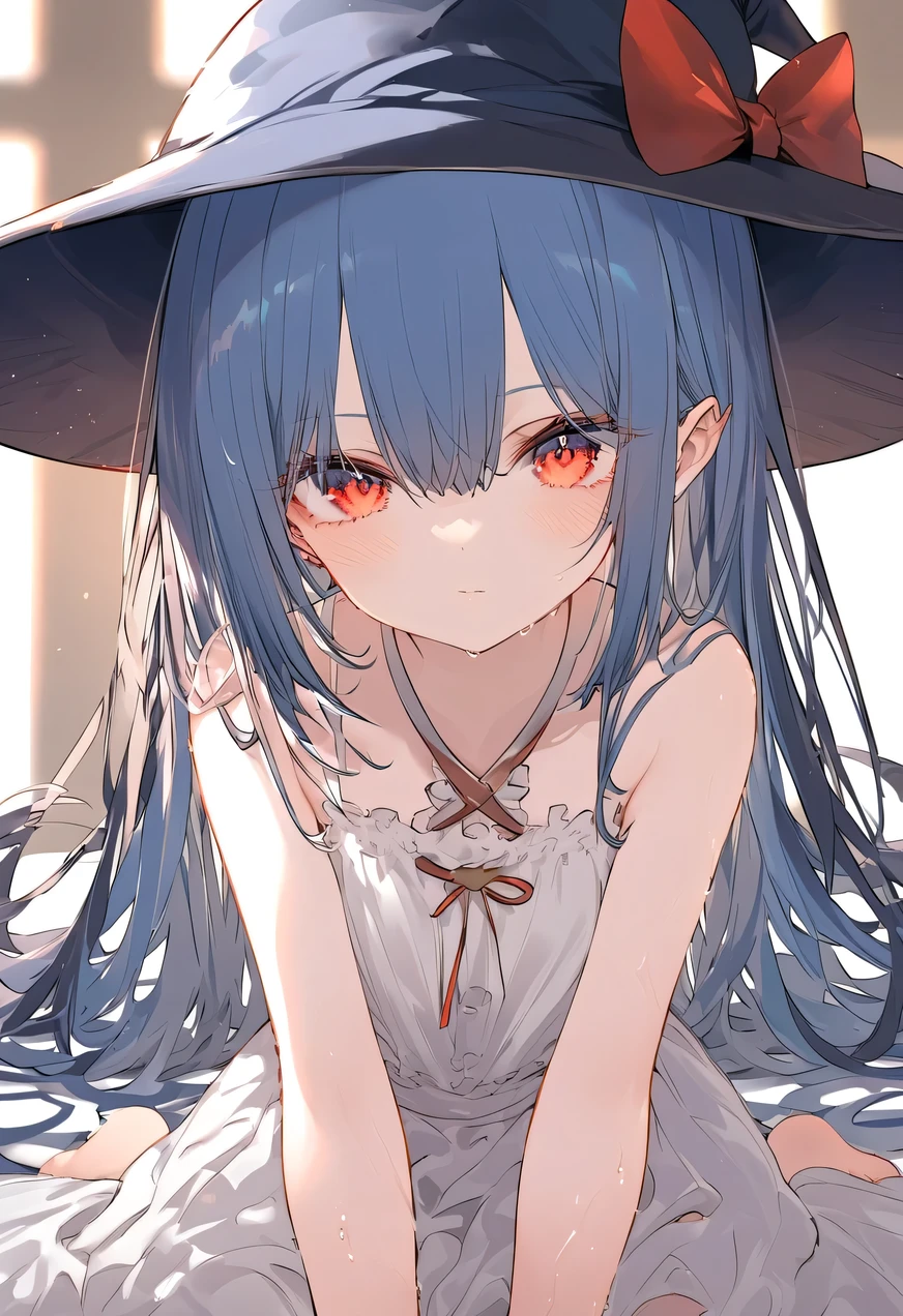 , Premium , Best Quality , Official Art , beauty, And pick , Very detailed ( Split Art 1 .2),Most Detailed , A Girl , face expressionless face , tall cool girl with dark blue long hair , wearing a wizard hat, dark red eyes , Very detailed , High Detail , Cool girl, Dark colors , Low eyes , Light Red , meditation, Tall children, shy expression , Facing the Audience ,wet
