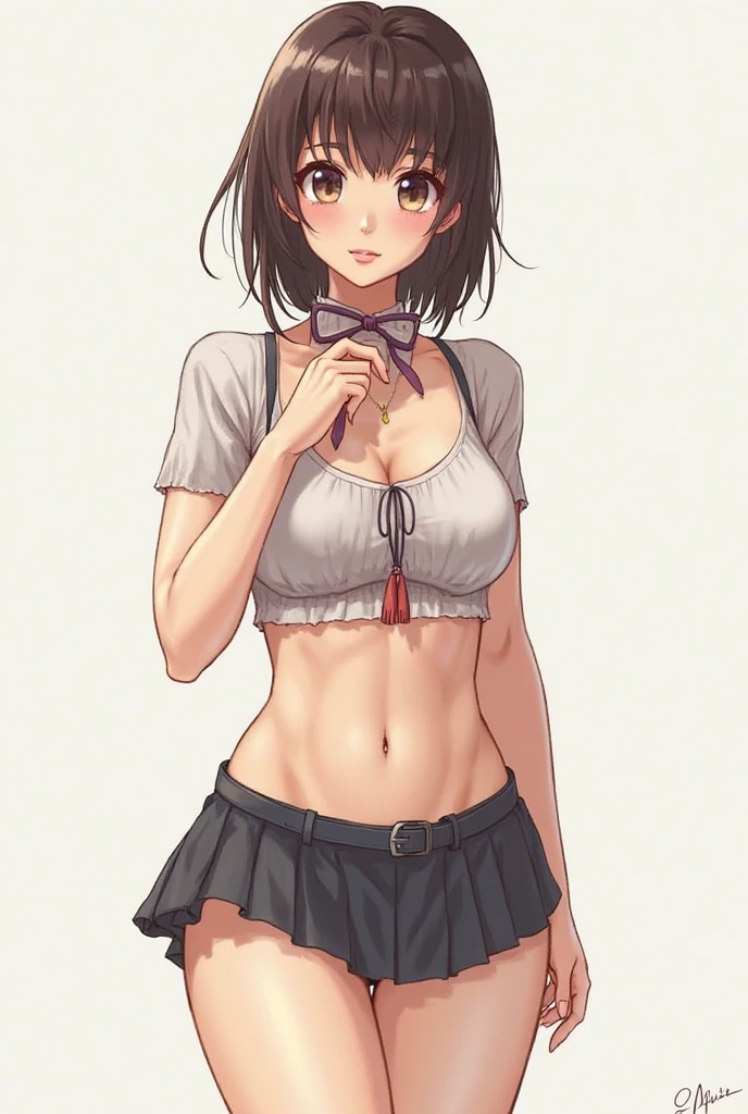 (Sexually approaching:1.35),(Sexually excited expression:1.4),(Dark Skin:1.78),(21 year old sexy slim gal teacher topless:1.35),(compensate:1.26),(Red false eyelashes),Beautiful breasts、(Have a look at this:1.5),(Suitable for brown hair、Messy shaggy cut hairstyle),(Naughty pink frilly panties),White mini skirt、blouse