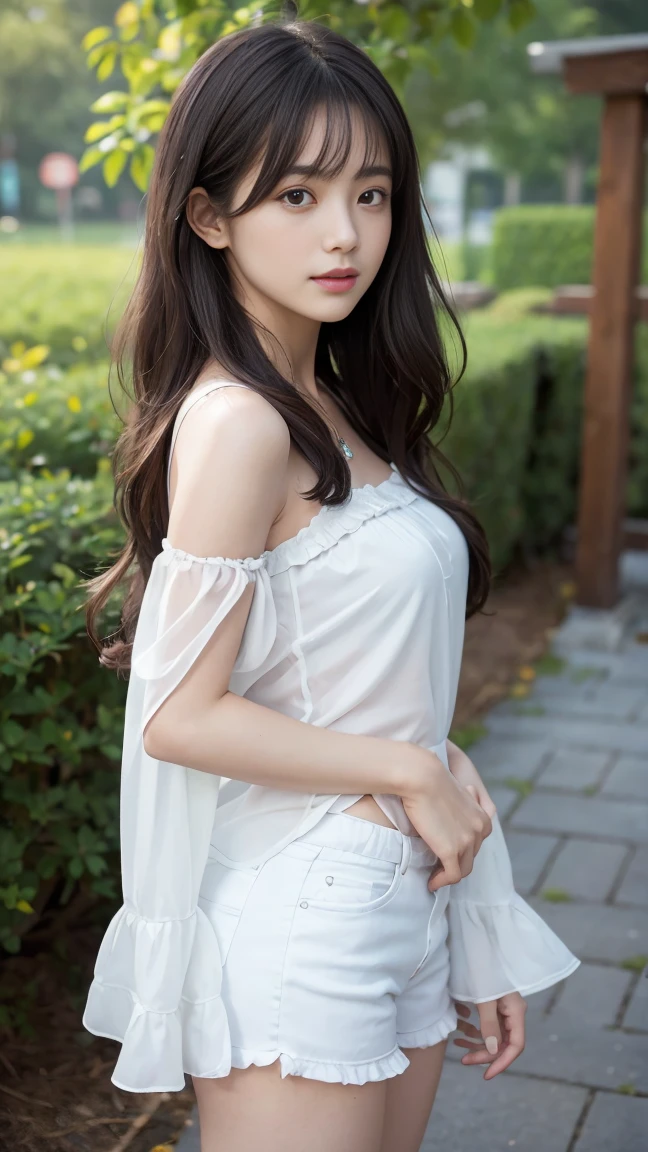 Woman sitting on the bank of a river、Standing with both knees together、Legs stretched out in front、Beauty、20-year-old、university student、Well-balanced proportionedium build、Small face、Small breasts、Small Ass、A strong wind is blowing、grassland、There are a lot of trees、She is wearing a navy blue short-sleeved long dress、Wearing white panties、Wearing pumps、Uniform left and right eyes、blue sky、, black hair, long hair, messy hair, floating hair, earrings, parted lips, happy, seductive smile, Surrealism, Verism, cinematic lighting, first-person view, f/1.2, Nikon, UHD, best quality, highres, 8k, anatomically correct