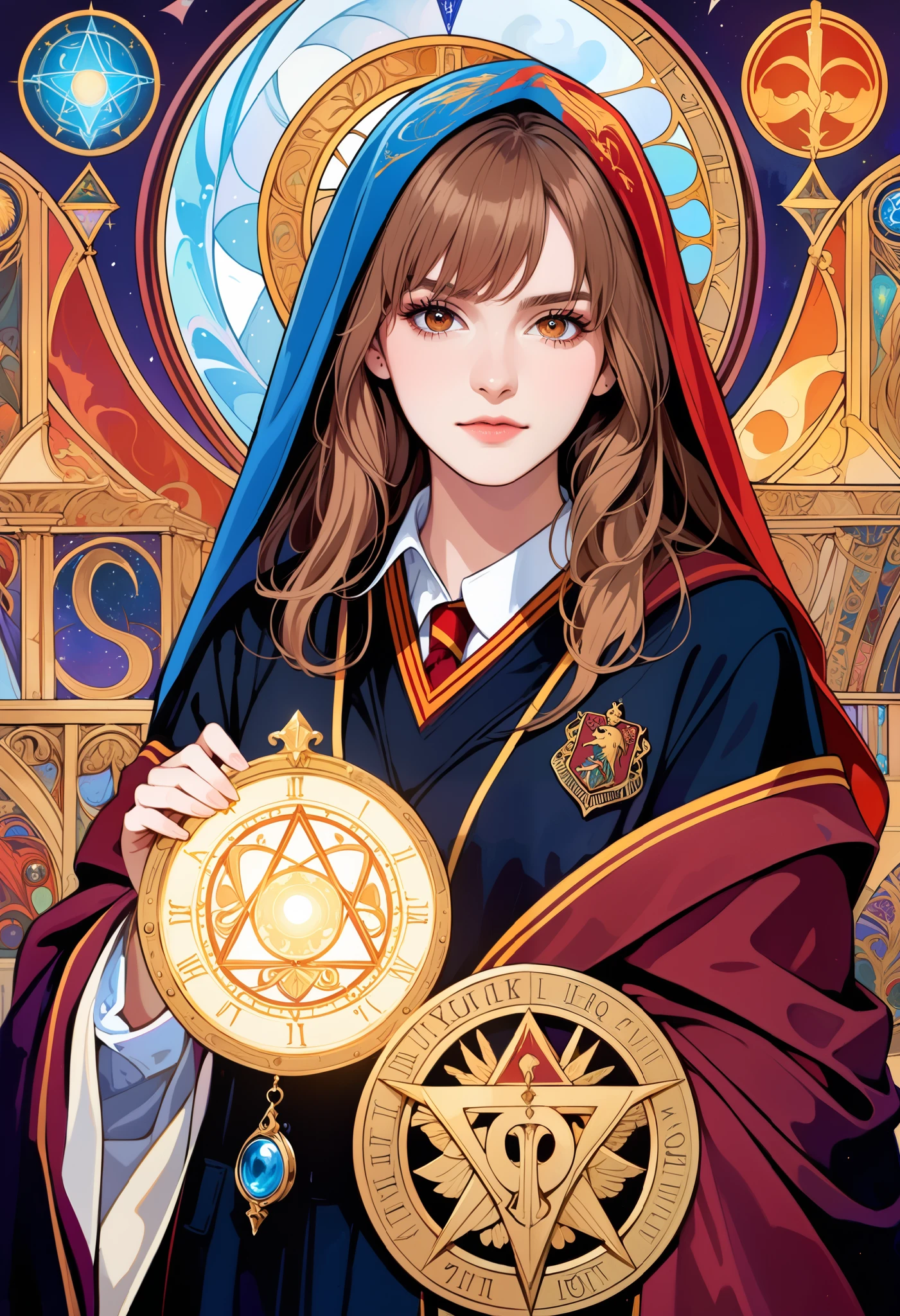 (absurdres, highres, ultra detailed), 1 Female, Brown hair, Brown eyes, Looking at the camera, Hermione Granger, Wearing a Hogwarts uniform, Black robe with Gryffindor emblem, White collared shirt, Tie in house colors, V-neck sweater, Wizard aesthetic, Regal yet casual, 'tarot', Symbolism, Visual art, Occult, Universal, Vision casting, Philosophical, Iconography, Numerology, Popularity, Artistic, Alfons Mucha, ethereal lighting