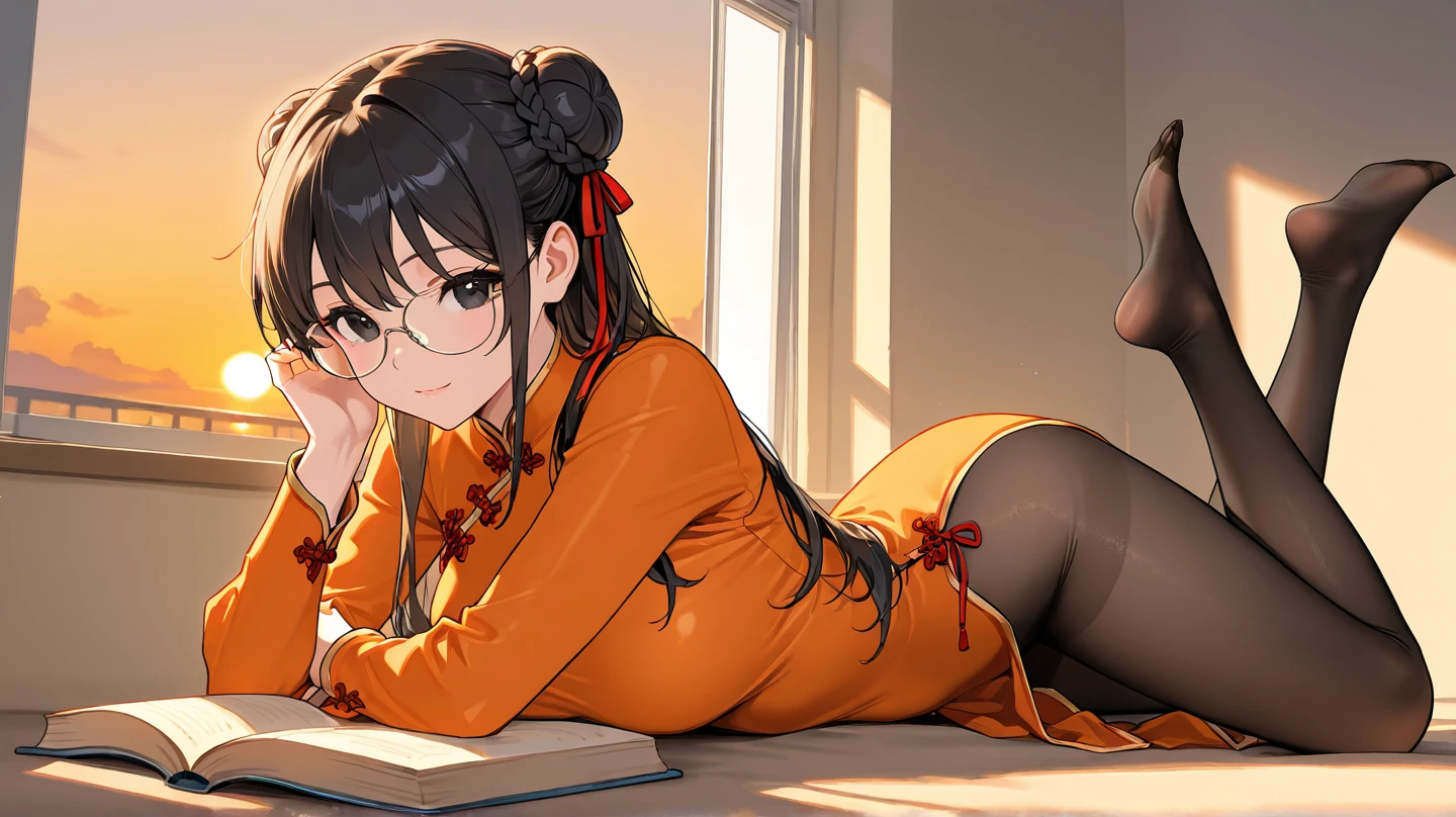 Stomach on ground, breasts on ground, Charakter Look away dein the viewer, Living room,messy bun,red bed, chimney, Back view, penis inside pussy
