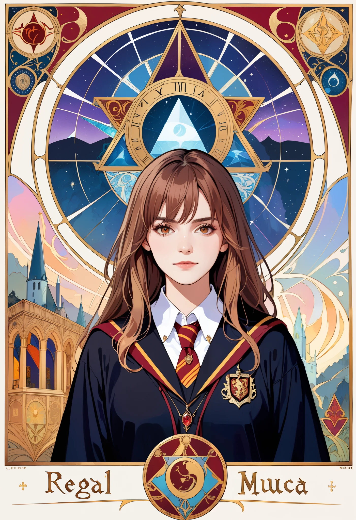 (absurdres, highres, ultra detailed), 1 Female, Brown hair, Brown eyes, Looking at the camera, Hermione Granger, Wearing a Hogwarts uniform, Black robe with Gryffindor emblem, White collared shirt, Tie in house colors, V-neck sweater, Wizard aesthetic, Regal yet casual, 'tarot', Symbolism, Visual art, Occult, Universal, Vision casting, Philosophical, Iconography, Numerology, Popularity, Artistic, Alfons Mucha, ethereal lighting