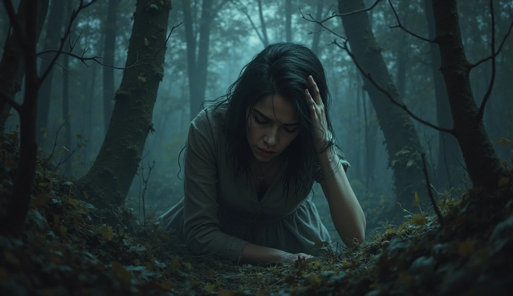 ultra realistic, photography, long black straight hair, messy hair, (30 years old, hazel eyes, hourglass figure, perfect fit body, natural big breasts), femme fatale, she is wearing a very ripped and torn blouse with a plunging neckline, pushed down over her right shoulder, blood is on her blouse, there are bloodstains on her blue jeans, her sneakers are dirty, she is hiding in the woods, standing behind a huge tree, she is leaning against the tree, she looks scared, she holds her hands over her mouth, a guy with a devils mask and a bloody machete is approaching behind her tree, he is looking around, extreme wide angle