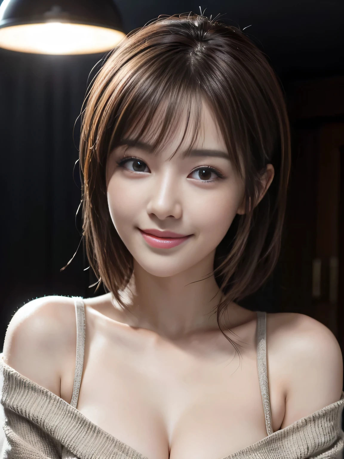 (top quality, 8k, masterpiece: 1.3), pretty woman with perfect figure: 1.4, dark brown hair, big, wearing pendants, torn shorts, sleeping in bedroom, very detailed face and skin, detailed eyes, double eyelids, top quality, masterpiece, (photorealistic: 1.4), one woman, golden ratio, high angle shot, upper eye care, low angle shot, perfect face, beautiful figure, cute face, face close-up, zoom in on face, short bob, short hair, smile from different angles, smile, gloss, highlight, gloss, glossy on skin, glossy on skin, wet skin, wet, bangs, cute smile, bust, off-shoulder, refreshing charm, elegant, perfect hands, smile from angle, smile, shiny, highlight, glossy skin, bangs, bust, big, Warm off-shoulder, refreshing charm, ears out, gaze to the camera, poses at different angles