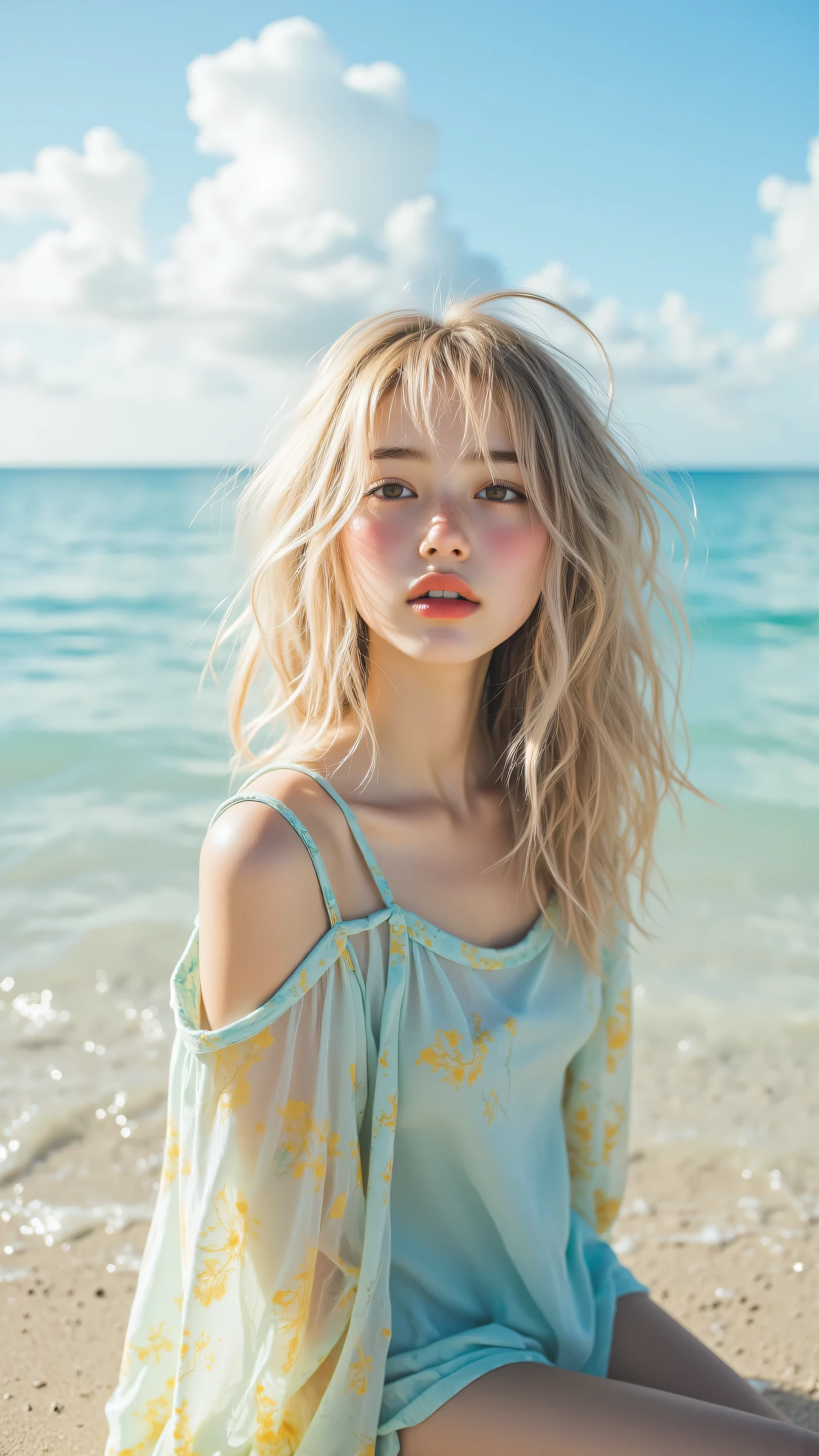 8k , masterpiece , highest quality, slightly low angle. fair complexion, closed eyes, red lips, blonde hair, delicate features. loose, flowing dress, light blue and yellow. relaxed, head tilted back, body slightly angled. seascape, gentle ocean, light blue sky, fluffy white clouds.