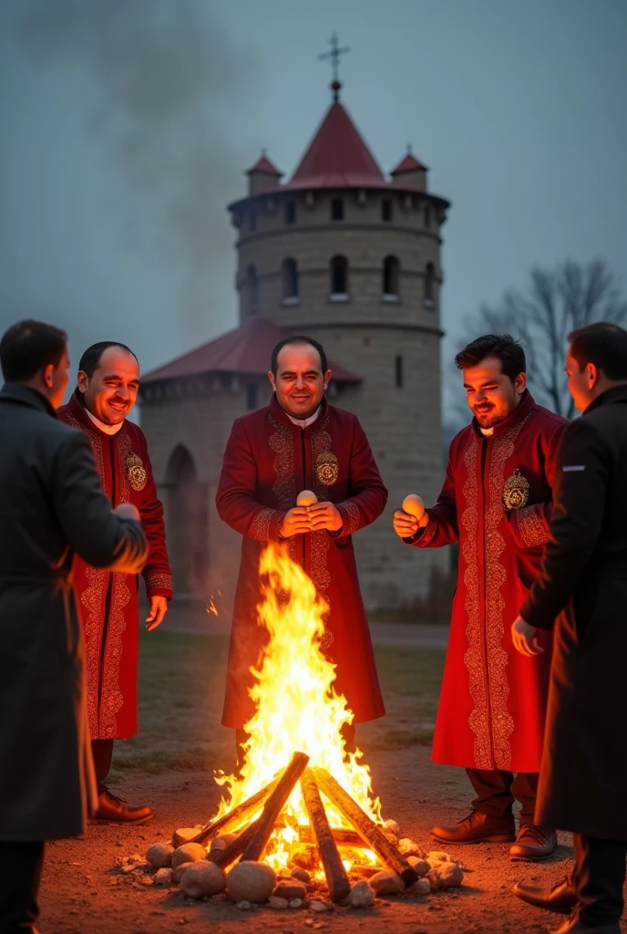 a photo of a cheerful male firefighter in the foreground and several nuns in the background, having a party, drinking champagne. the location is a burning library. evening, dramatic lighting, photography, high quality, depth of field, masterpiece, 4K, dslr