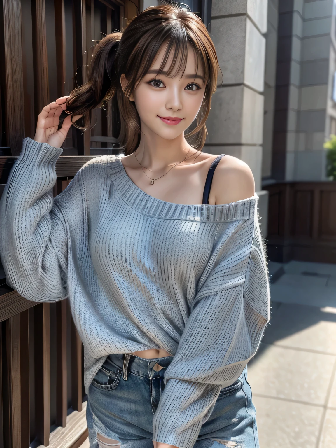 Highest quality, product quality, masterpiece, 8K, photorealistic, Clearer images, Beautiful attention to detail, Hyperrealism, Ultra HD, photorealistic, Realistic skin texture, Best image quality, Ultra-high resolution, In detail, Korean Idol, 19 yo, portrait, Seductive smile, fascinate, Beautiful Face, (Cute Face:1.2), Beautiful Face, light brown hair, asymmetrical bangs, (Seductive smile), (wearing loose knit worn casually:1.2),