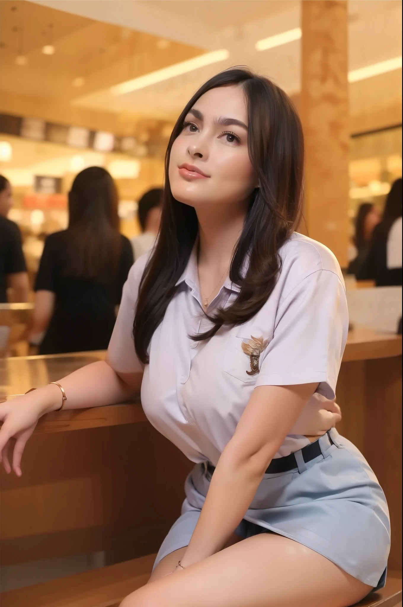17 year old Indonesian high school woman, long hair, white skin, fat, big breasts, sexy, wearing a white short shirt, grey short skirt, long legs, Indonesian high