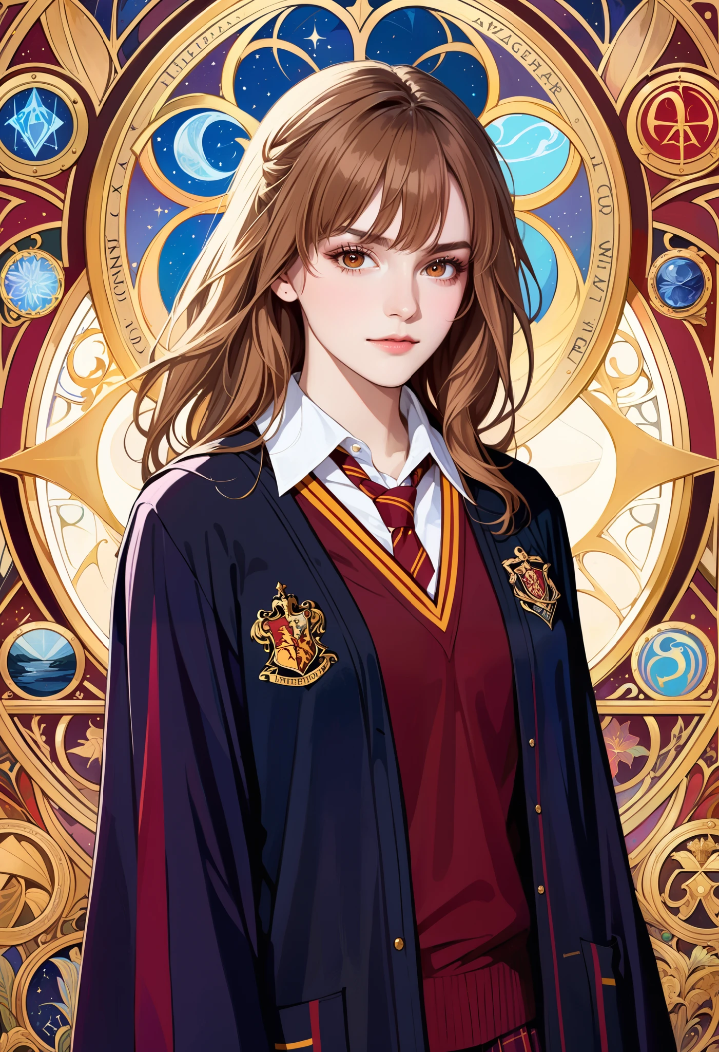 (absurdres, highres, ultra detailed), 1 Female, Brown hair, Brown eyes, Looking at the camera, Hermione Granger, Wearing a Hogwarts uniform, Black robe with Gryffindor emblem, White collared shirt, Tie in house colors, V-neck sweater, Wizard aesthetic, Regal yet casual, 'tarot', Symbolism, Visual art, Occult, Universal, Vision casting, Philosophical, Iconography, Numerology, Popularity, Artistic, Alfons Mucha, ethereal lighting