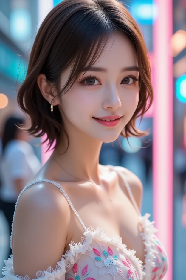8K, Ultra-high resolution, Highest quality, masterpiece, 三分割法によるphotograph,Surreal, photograph, 1 girl, (16 years old:1.3), pretty girl, Cute face, Beautiful eyes in every detail, 細かくdetailedに,masterpiece,, One Girl:1.2, Japan Female Announcer,whole body,Young Wife, (night, (Neon Signs), (Blurred Background),Sequined fancy dress,Slutty Makeup,Bright red lipstick,A carefree smile,Healing the heart,Black hair bun,Looking at the audience、beauty,Long neck、Laugh a little、Please close your mouth and laugh、(((Ideal body type))),A-cup small breasts :2,、Portraiture:2、Perfect Anatomy、鮮明なdetailed、detailed、Surreal、Light and shadow,Strong light