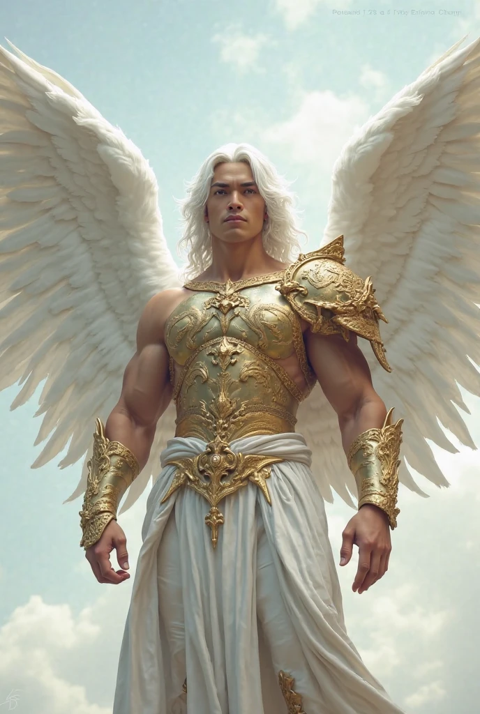 - A gentle, white-winged male Asian feature albino angel (simple design)
- Soft colors, with a subtle glow, white long hair, white skin, purpled color eyes, most beautiful male angel, white and gold large wings, built-in gold armor on chest and arms, large muscular biceps, chiseled ads, define jawline, pearl white lower garment, 32K UHD, masterpiece, best quality, style raw, walking through an enchanted garden of Eden.
- Ethereal background, with a subtle texture