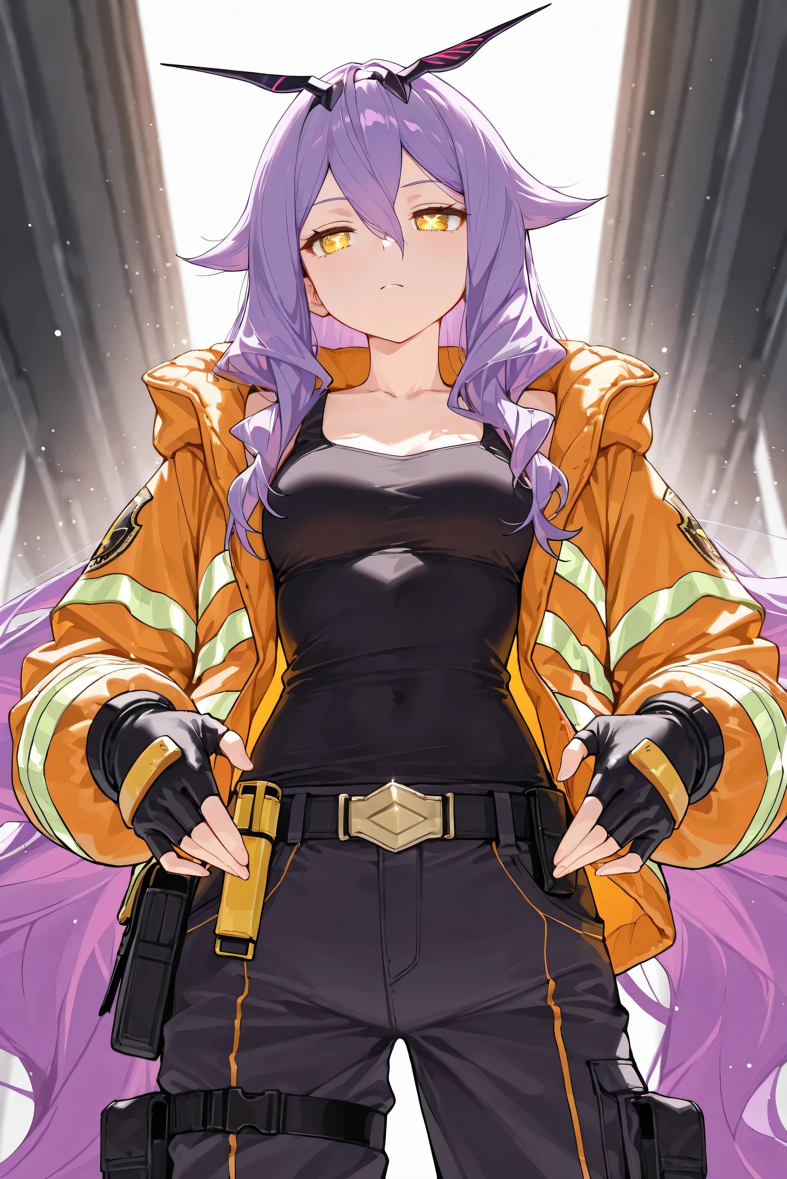 score_9, score_8_up, score_7_up, masterpiece, best quality, very aesthetic, absurdres, tunning image, light particles, attractive image, solo, 1girl, Sirin, long hair, purple hair, yellow eyes, x-shaped pupils, diamond-shaped pupils, masterpiece,best quality,amazing quality, 5 fingers, alternate costume, An anime female character wearing a stylish cropped firefighter jacket with reflective gold stripes, layered over a fitted black tank top. She pairs it with red-orange tactical jogger pants featuring extra pockets and a utility belt. Fingerless leather gloves add a tough yet trendy look.