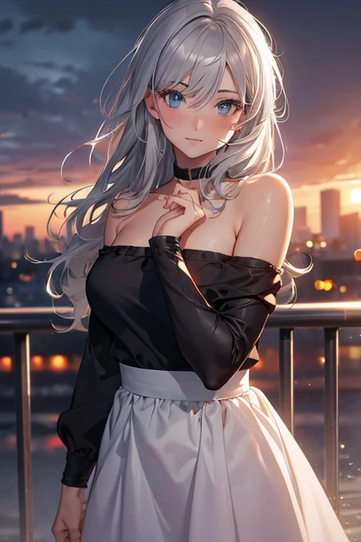 (Masterpiece:1.2, high quality), (pixiv:1.4), (1girl:1.2), (solo:1.2), (smooth:0.8), beautiful woman, (mature), pale white skin, red cheek, blush, (smile:1.2), silver hair, side fringes, bangs, wavy hair, (strand braids), hair clips, hair over eyes, black eyes, (detailed eyes), symmetrical eyes, black eyeshadow, glossy lips, pale pink lips, parted lips, symmetric face, round earrings, (looking away), mole on chin, shoulder straps, plunging neckline, pendant, (blue dress), luxurious dress, slit dress, collarbone, neckline, luxurious, slender arms, (beautiful round breasts:1.2), detailed cleavage, slim waist, professional photography, dynamic pose, bent forward, best quality, (absurdres:1.2), ultra-detailed, HD, 1080, 4k, 8k, intrinsic details, shiny blue sky, aesthetic outdoors, sky background, sea side, bridge, view from below, (pov thighs), wind blowing hair, vivid colors, dynamic lighting, ((detailed face)), blurry background, highly focused face, (detailed face), ((detailed nose)), straight nose