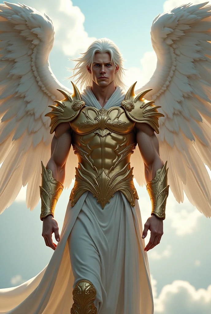 - A gentle, white-winged male Asian feature albino angel (simple design) - Soft colors, with a subtle glow, white long hair, white skin, purpled color eyes, most beautiful handsome male angel, white and gold large wings, built-in gold armor on chest and arms, large muscular biceps, chiseled ads, define jawline, pearl white lower garment, 32K UHD, masterpiece, best quality, style raw, walking through an enchanted garden of Eden. - Ethereal background, with a subtle texture