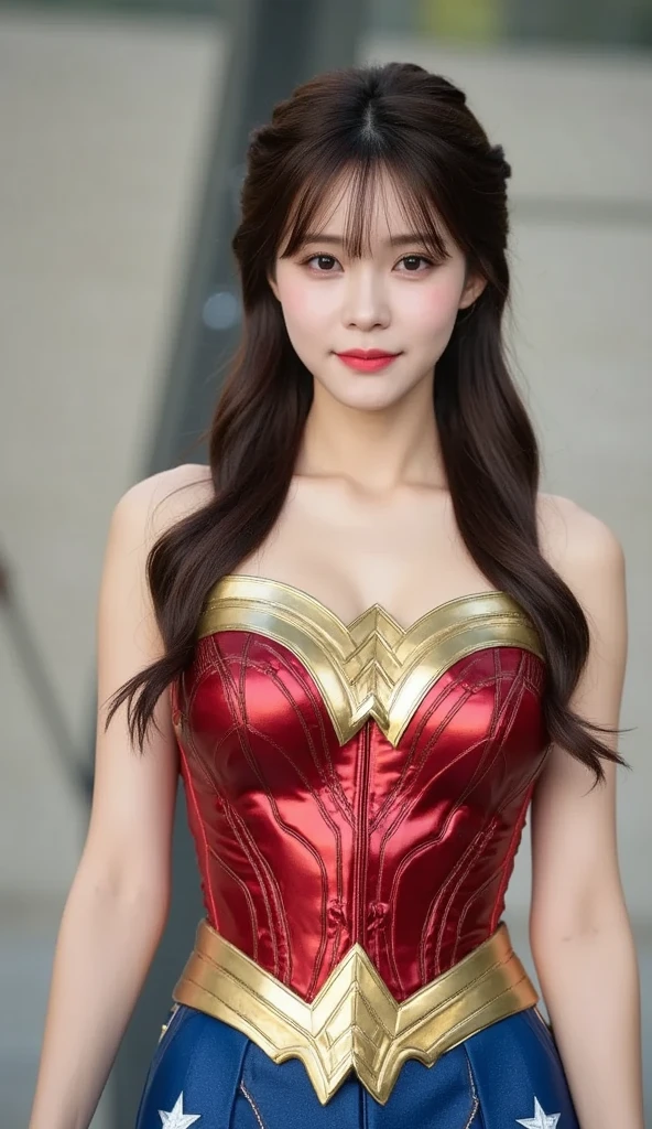 masterpiece,Ultra-clear,Award-winning works,Wonder Woman dressed up,A Korean beautiful girl,red phoenix eye,Oval face,high nose,High skull,red lips,Full and proud breasts,Half-length close-up,indoor