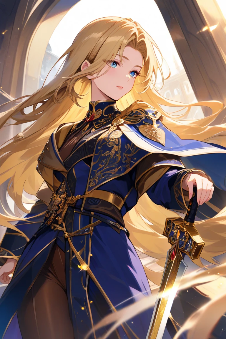 (masterpiece, absurdres, highres, ultra detailed), 1man, wavy blonde hair, blue eyes, ponytail, perfect face, male focus, femboy, flat chest, bulge, androgynous, detailed eyes and face, slight smile, full body shot, cowboy shot, ((best quality)), ((masterpiece)), (detailed), realistic eyes, alluring male, ethereal beauty, (fantasy illustration:1.3), enchanting gaze, captivating pose, solo (boy), delicate, otherworldly charm, soft colors, belted velvet robe, see through cloths, lacy ornament, lace, intricate details, cinematic lightning, depth of field, action packed,