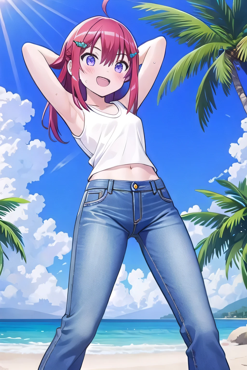 masterpiece, best quality, ultra detail, ((Perfect Face, perfect eyes, perfect hair, perfect arm)), 1girl, , peti ((round face, ecstasy, orgasm face, drooping eyes, shame smiling, blush)), dropping eyes, sleepy, Open mouth, ((White teeth)), background((under the beach, (day:1.2), palm tree, bright sky)), miku hatsune, ahoge, purple eyes, (red hair:1.2), crossed bangs, hair between eyes, hair ornament, (medium hair:1.9), (straight hair:1.7), ((arms behind head, hands behind head, fingers behind head)), ((contrapposto)), spread armpits, looking at viewer,, (white tank top:1.2), (white crop top:1.2), (jeans pants:1.2, flares jeans:1.2, skinny jeans:1.2, blue jeans:1.2), standing, (legs spread:1.4), sex pose, Sweaty crotch, Steam from the crotch, from below, whole body
