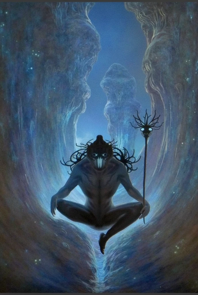 A dark, mysterious figure meditating in a shadowy forest with glowing runes surrounding them.