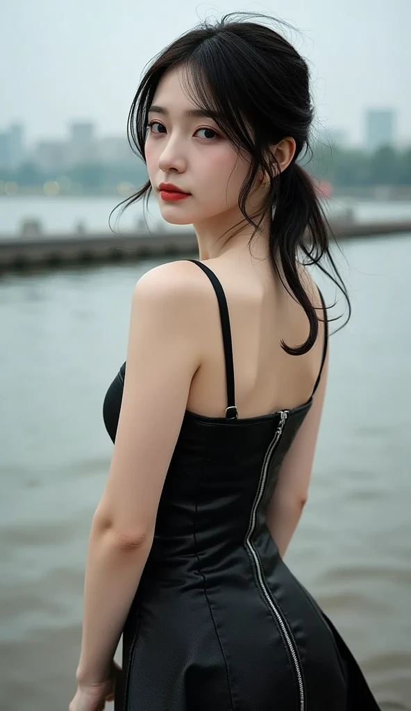 (12 year old, 12 year, age-12) girl, liuyifei , sexy smile, 
BLACK DRESS
BLACK THIGHHIGHS
BLACK GLOVES
 Standing pose, picking up a fallen banana from the ground, facing the camera with an upward gaze, and a visible cleavage.
 The shot is taken using a full-frame DSLR camera and a 50mm f/1.8 lens for a shallow depth of field effect.  (natural skin texture, hyperrealism, soft light, sharp)
(black hair:1.5), best quality,ultra high res,(photo realistic:1.4), 
((perfect female body)),  charming, seductive, erotic, alluring, enchanting, narrow waist, 
 liuyifei   small face, small chin