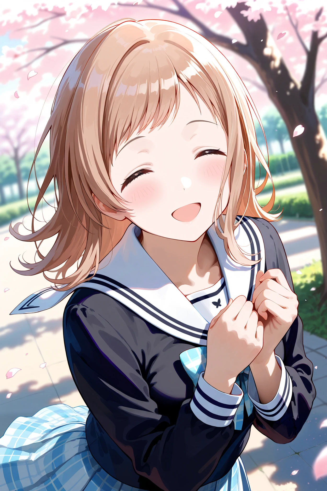 (masterpiece), (Highest quality), (Very detailed),
(The best shape), (Best Shadow), (Absurd),
(Detailed Background), (So beautiful), Shiny,
Extraordinary, Countershading, 8k, 32K, High resolution,
Very Detailed CG ,
Score_9, Score_8_up, Score_7_up, Source_anime,
(Pastel painting:1.2), (Watercolor painting:1.2),
(Masterpiece, Detailed:1.2), (Foreshortening:1.2),
Cinematic, Dramatic, (Depth of field:1.4),
(Blurry background:1.4), (Realistic background:1.4), Dynamic angle, from above,
1 girl, Solo,
Outdoors, Nature, Park, Wind,
Spring, Cherry blossoms,
Sakuragi Mano,
the idolm@ster shiny colors,
mano sakuragi,
(Brown hair:1.1), Medium hair,
(School uniform:1.3),
(Black sailor suit:1.3), Long sleeves suit,
(White sailor collar:1.3),
Ribbon, Light blue ribbon, Butterfly ribbon,
Skirt, Light blue skirt, Checkered skirt,
(Blush:1.3),
Portrait,
Focus on face,
Smile, Happy, Closed eyes,
Realistic skin,
Shiny skin,