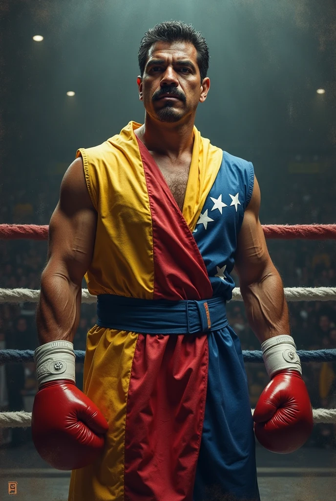 Make a boxer costume with a white top with gold trim and a somewhat large elastic band, the bottom part also in gold, white shorts with a high gold elastic band, and I also want it to have a design with the Mexican flag on the shorts.