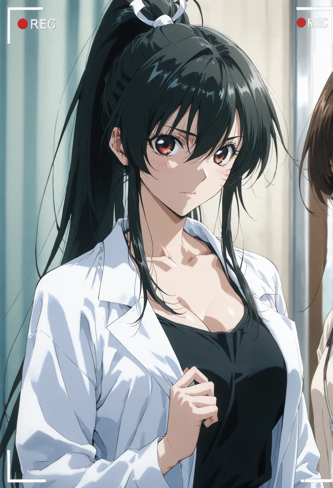 man and woman、Examine a man、Age 25、 muscular、school infirmary、 with a colposcopy、 stethoscope、black tank top、(Doctor's coat、Female doctor)、 ( black hair、ponytail) 、、、 Female Teacher、、beautiful 、、medium breasts、、masterpiece、best quality, Narrow eyes、recording、recordingされている、I've been snooped、unaware that it was stolen、 motion line, speedline ,