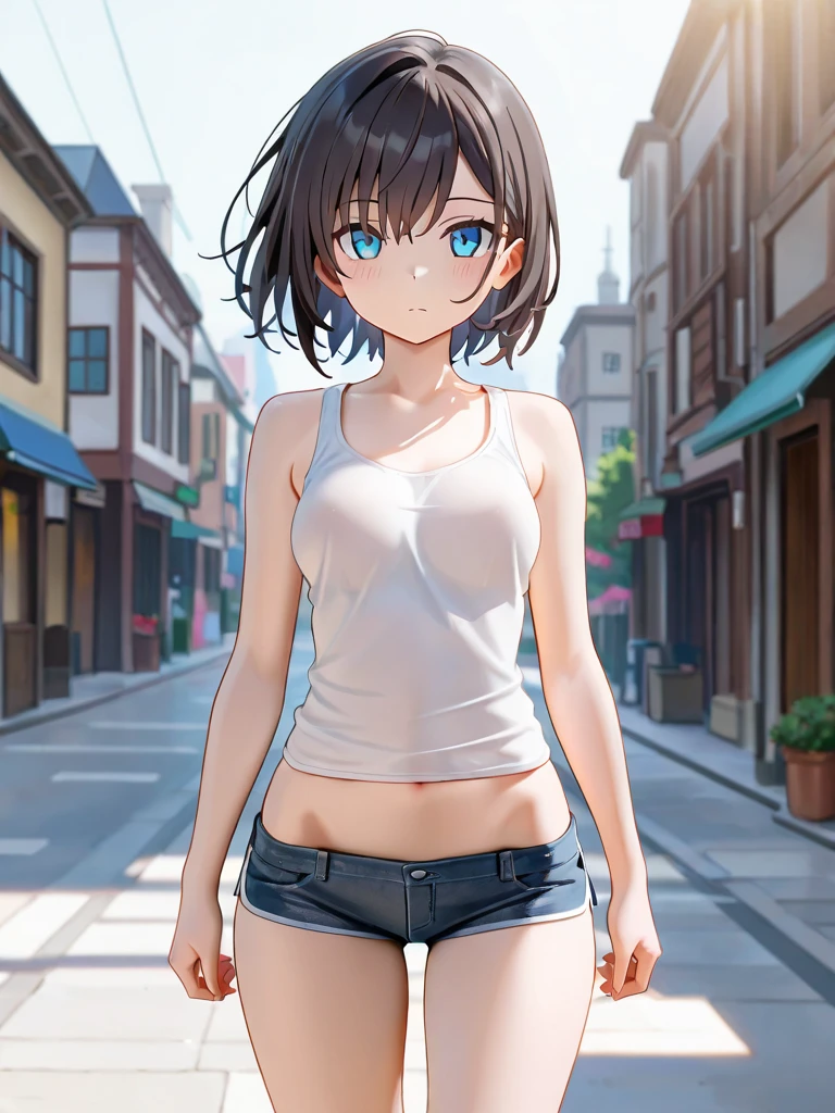 ((Center of chest, Tomboy, Small Head)), dawn, sunlight, (Defined Abs: 1.1), (Perfect body: 1.1), (Short Wavy Hair: 1.2), Auburn Hair, Full body photo, Crowded street, Wearing a white vest, ((Shorts)), (Very detailed CG 8k 壁紙), (Very delicate and beautiful), (masterpiece), (Highest quality: 1.0), (ultra-High resolution: 1.0), Beautiful lighting, Perfect Lightning, Realistic Shadows, [High resolution], Delicate skin, Very detailed, Cute Smile