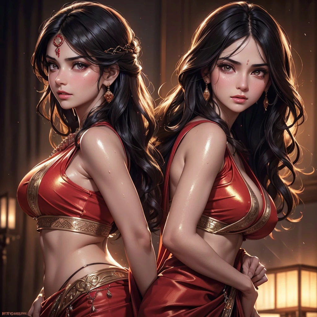a beautiful persian princess, long wavy black hair, pale skin, glistening sweat on entire body, large breasts, visible back side sweat drippings, visible nipples, detailed facial features, fitted red sharara, (best quality,4k,8k,highres,masterpiece:1.2),ultra-detailed,(realistic,photorealistic,photo-realistic:1.37),HDR,UHD,studio lighting,ultra-fine painting,sharp focus,physically-based rendering,extreme detail description,professional,vivid colors,bokeh,portrait