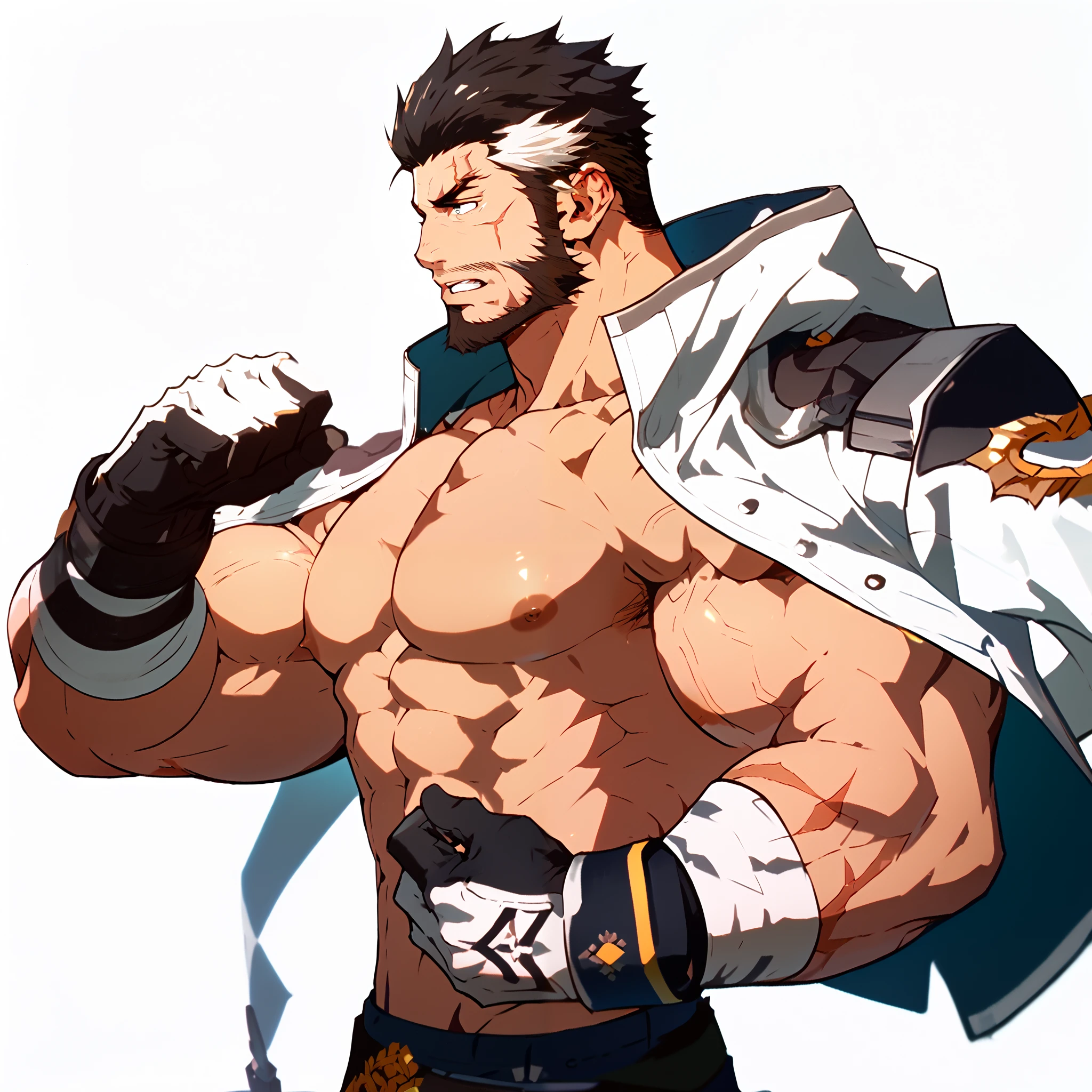 Score_9, Score_8_up, Score_7_up, Highly Detailed, fine details, White background, 1 boy , 's only, mature male, short hair, black hair, white streak, Gloves, jacket, Topless ,nipple, scar, biceps , beard, jacket on shoulders, manhood , front,Profile,armpit