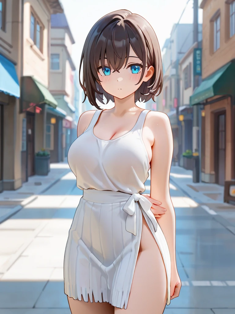 (​masterpiece:2.0), (top-quality:2.0), (walking naked in the Alley:1.5), (view from the side:1.5), (barechested:1.3), (extremely small white apron:1.5), (hide crotch with both hands:1.5), (super thin fabric:1.5), (super sexypose:1.5), (blushed face:1.3), (Spilling boobs:1.4), (realistic:1.5), 1 , precise small hands, Embarrassed look, light smile, Look at me and smile, extremely cute girl, innocent face, young face, Clear eyes, Shining eyes,  small breast, cleavage of the breast is visible, the thighs is visible, The crotch is visible, No pubic hair, dynamic posing, The beautiful skin, ultra-definition, Top resolution, Cinematic lighting, japan high school student, brown hair, Anatomically correct body