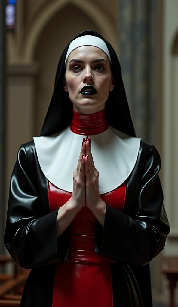 Nun dressed in latex sitting on the floor of the church in a sensual way surrounded by red candles in phallic shapes that are melting --auto --s2