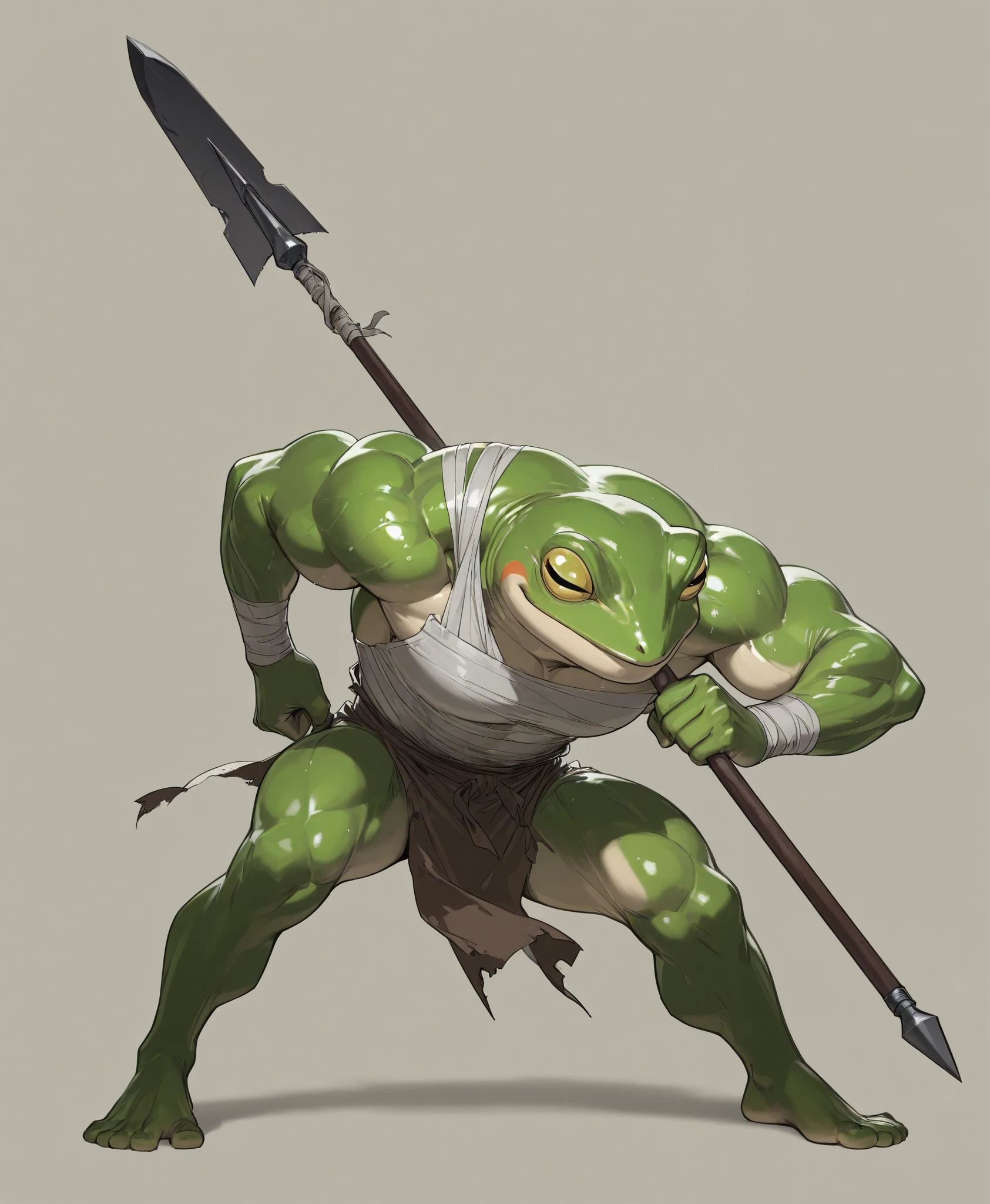 full body、 fight scene、simple background、dynamic、Superb details、high image quality during sick leave、frog、 muscles、fearless smile、spear