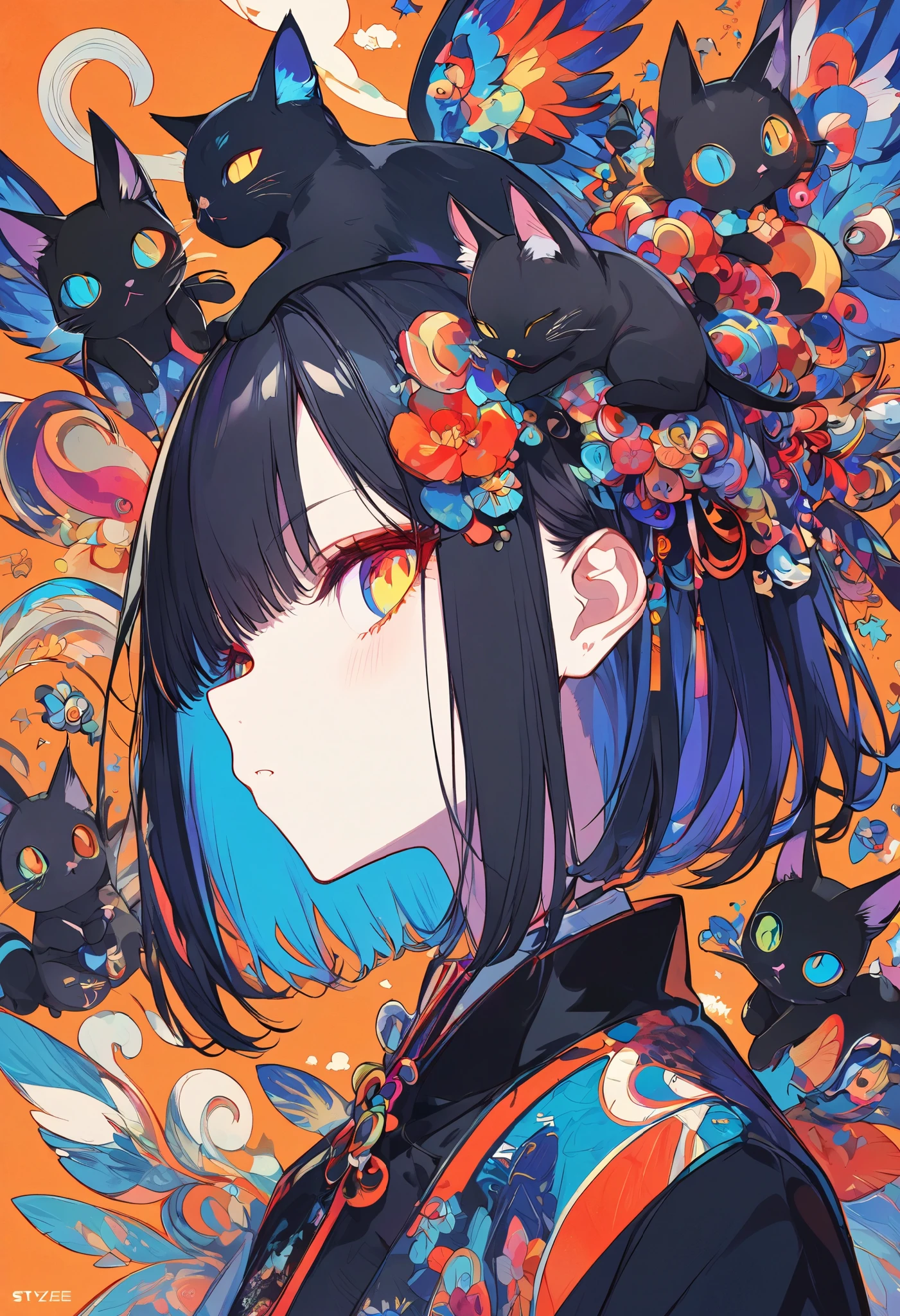 cute anime girl and her silly black cat companions。Around、lots of lively and funny cartoon animals gather、It has bold colors and bright designs。--with 3:4 --style raw --profile --stylize 200