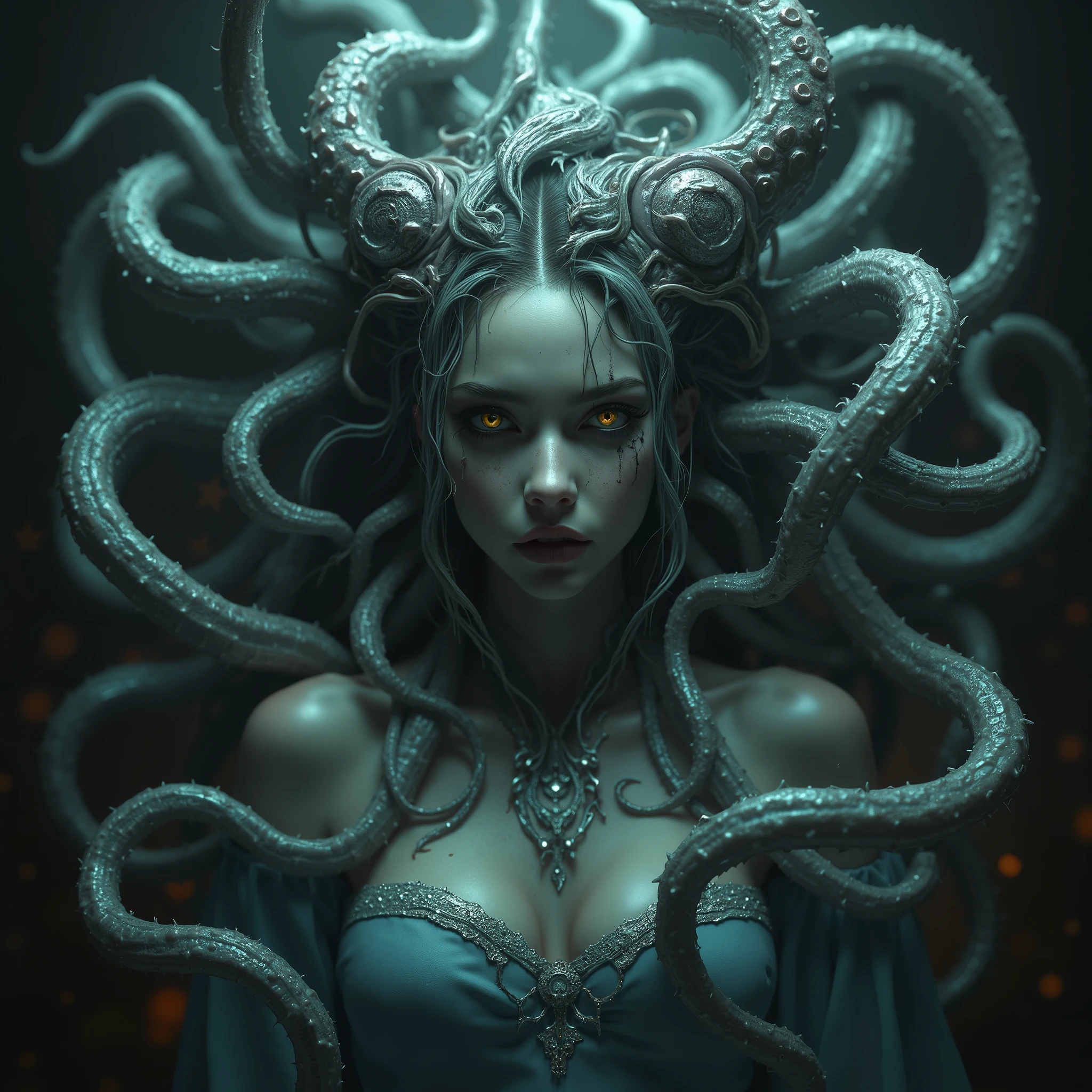 realistic, horror atmosphere, dark, story about the girl, who was born as powerful soul, with white multicolor octopus tentacles from the body, nimbus above the heav, insanity, multicolor eyes