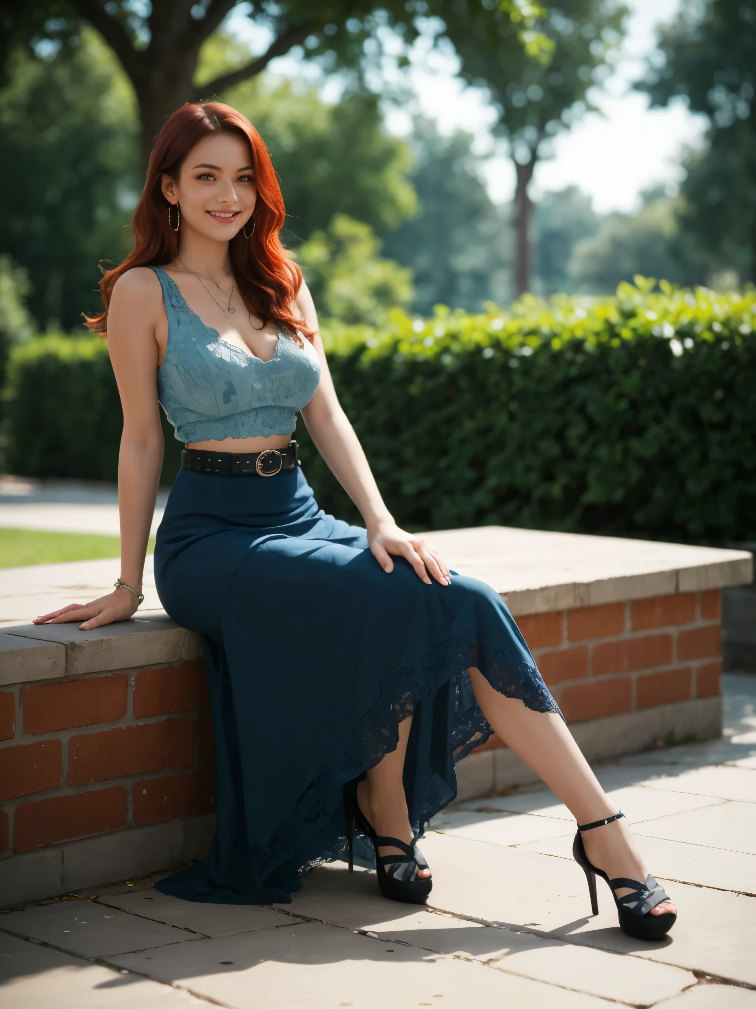 (best_quality, masterpiece:1.2), (highly detailed), (uhd, high_resolution, highres), woman, full body, sitting on concrete slab, blue lace long skirt, sleeveless navy top, huge breasts, subtle belt, suede flats, long hair, red hair, looking at viewer, smile, earrings, necklace, outdoors, park, dappled sunlight,