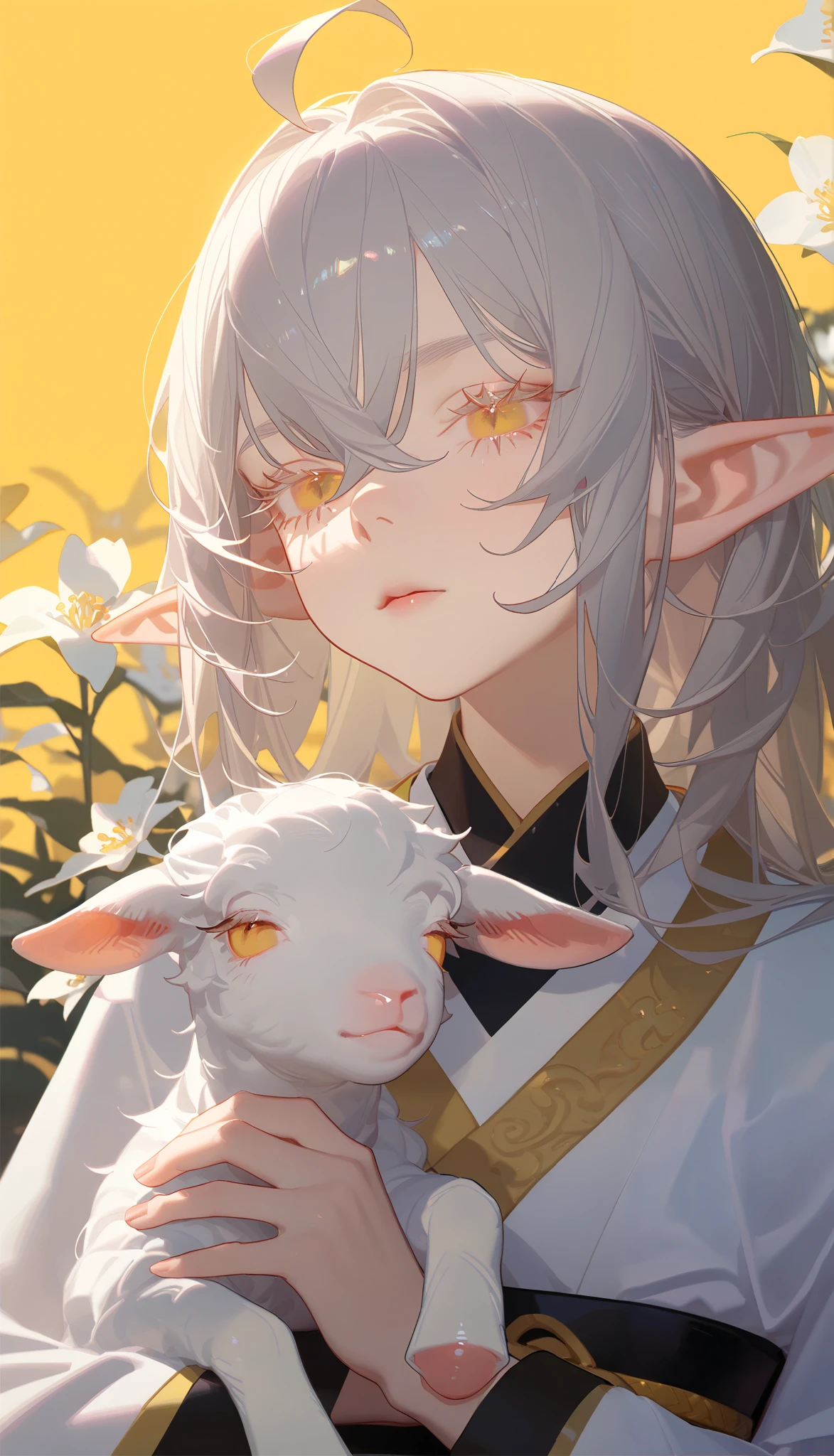 simple background,yellow background,reality,(realistic:1.5),mo,As109,magion02,deadflow,bm tol,ask \(askzy\),mamimi \(mamamimi\),pastel colors,Realistic face,realistic skin,close-up,portrait,(Focus on the face:1.3),upper body,1girl,solo,elf ears,long hair,white hair,(crossed bangs:1.1),messy hair,ahoge,yellow eyes,White eyelashes,White eyebrows,Long face,flat-chested,Simple clothing,yellow edging,(yellow wide right lapel:1.1),(white Taoist robe:1.1),(white hanfu:1.1),sleeves past fingers,Long sleeves,yellow Ancient Chinese belt,(Black kung fu pants:1.1),white knee boots,Flower background,(Holding a lamb:1.1),(sleeping on the prairie:1.1),