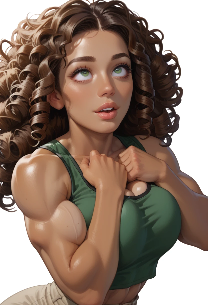 muscle woman with brunette hair, woman with huge muscles, mature woman, stern expression, green eyes
