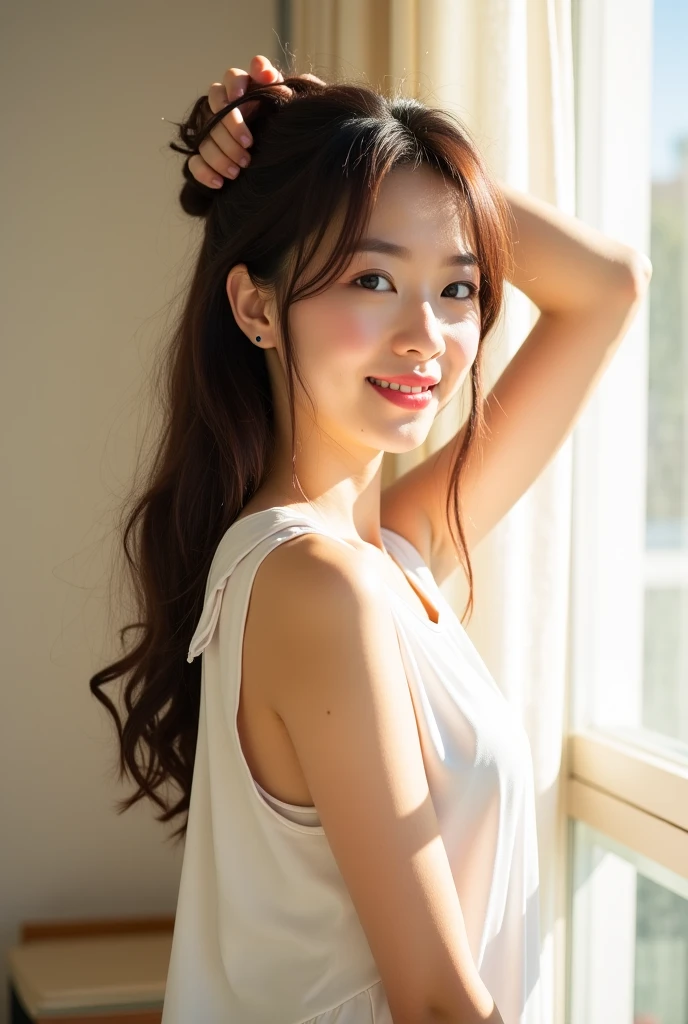 Highly detailed 8K wallpapers），Clear focus，A detailed，dramatics，1 female student，sheer bikini，pale brown hair，Smooth braids，Raised sexy，ssmile，peeking at the viewer，Beautiful graphics，showing whole body