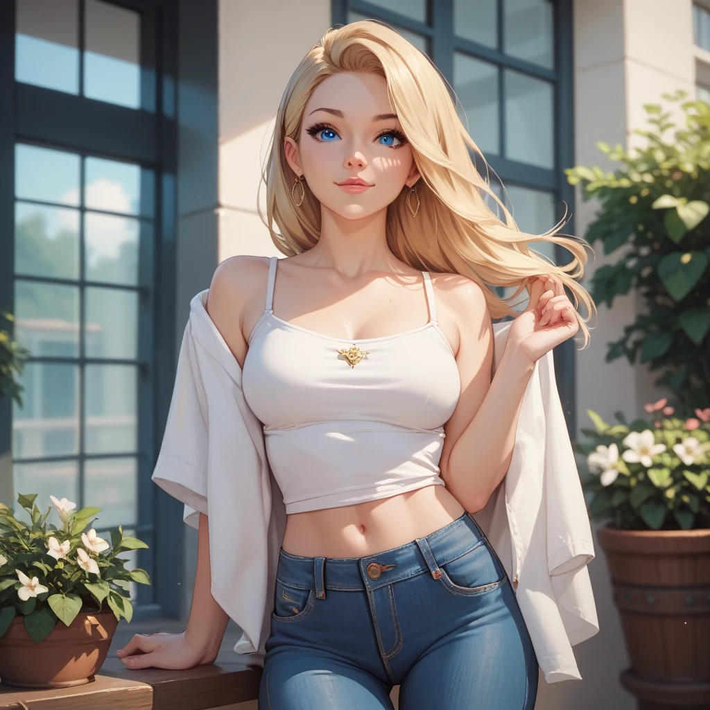 (masterpiece:1.2, best quality1:1, ultra-detailed:1.2, best shadow, 8k:1.1), (massive city:1.3, rooftop:1.1, city structures below, handrails), (contrasting background, bright background), (beautiful detailed face), high contrast, (perfect illumination:1.2, beautiful color, delicate color), ((cinematic light)), colorful, hyper detail, dramatic light, intricate details, (1 girl, solo, sandy blonde hair, smiling face, wavy hair:1.1, green eyes, dynamic angle, white tanktop, jeans, cowboy shot, arms down), depth of field, glasses