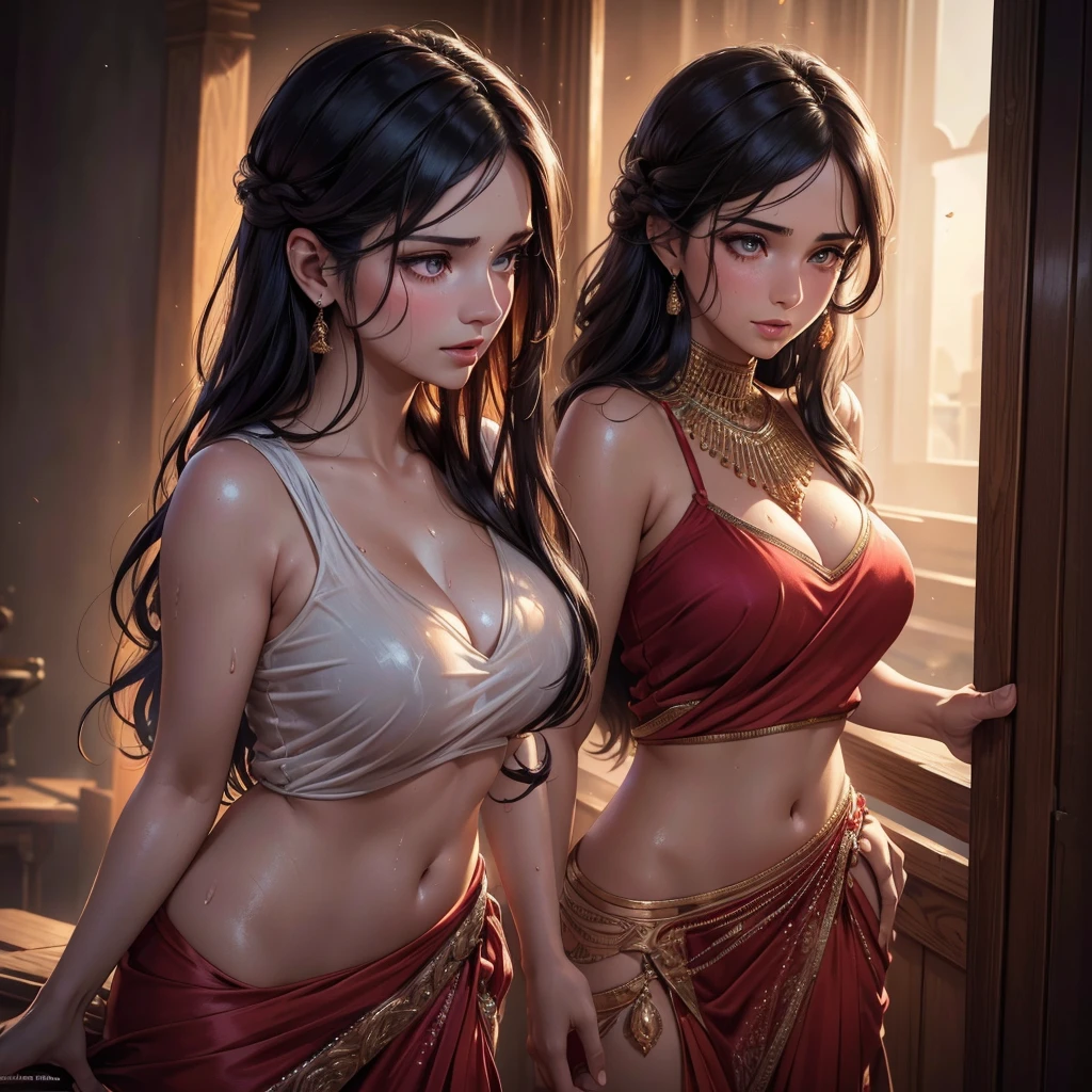 2girl, 2 girl, waist up, concept art, [shu qi:indian girl:1], grabbing vagina, masturbating touching her breast naked her vagina no panties, Ruff, Anklet, Makeup, loop lighting, 80mm, official art, unity 8k wallpaper, ultra detailed, aesthetic, masterpiece, best quality, photorealistic