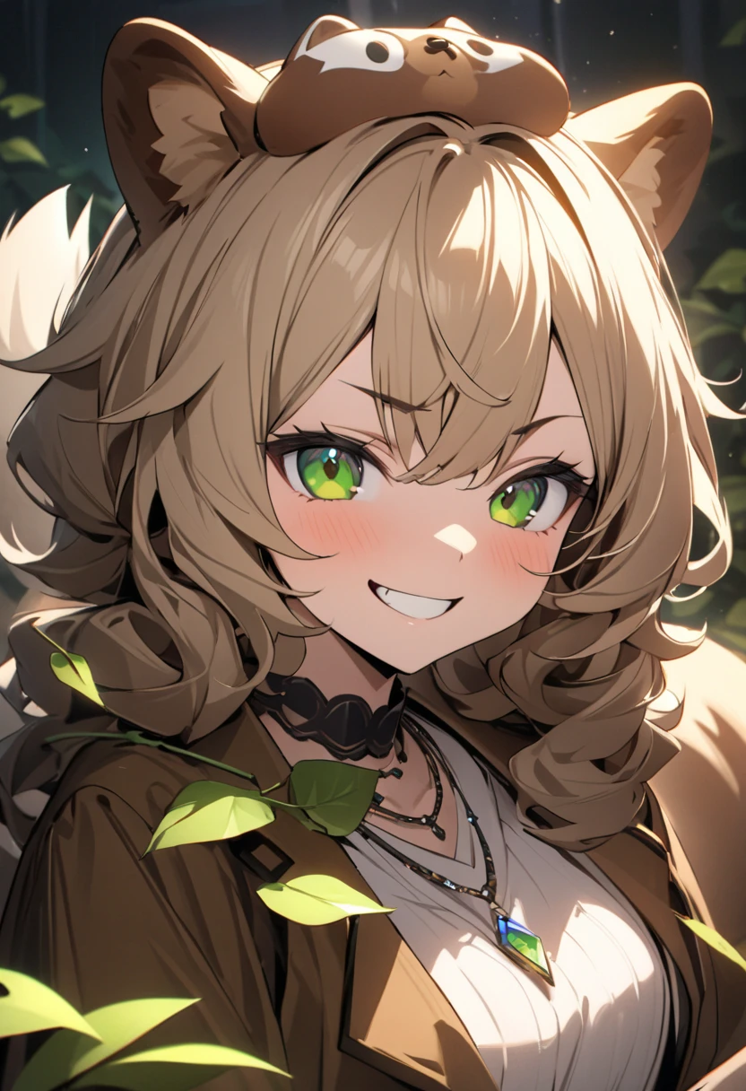 ((best quality)), ((masterpiece)), (detailed), 1girl, Gender is girl. Slightly freckled face. Light brown curly hair. Emerald green eyes. pink fox ears. naughty grin.

