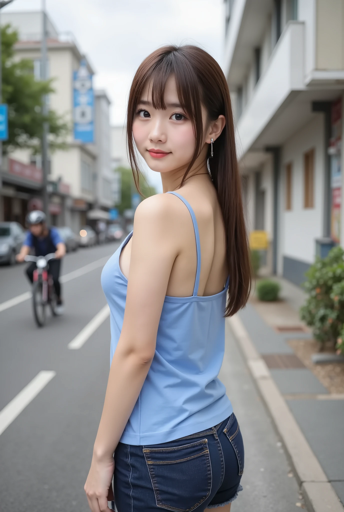 (City roads), masterpiece:1.37, super realistic, Photorealistic, dramatic scene, smile:0.8, (25 year old asian girl, alone, alone), (medium chest, medium ass, Japanese models, thin waist, beautiful eyes, beautiful face, symmetrical eyes:1.21, ((twintail:1.37)), ((( loose simple tank top )), (curvy body), ((High school students riding bicycles)), (( high-school uniform )), (( mini skirt with visible panties)), ((thigh-length tights)), ((oblique back view:1.37))