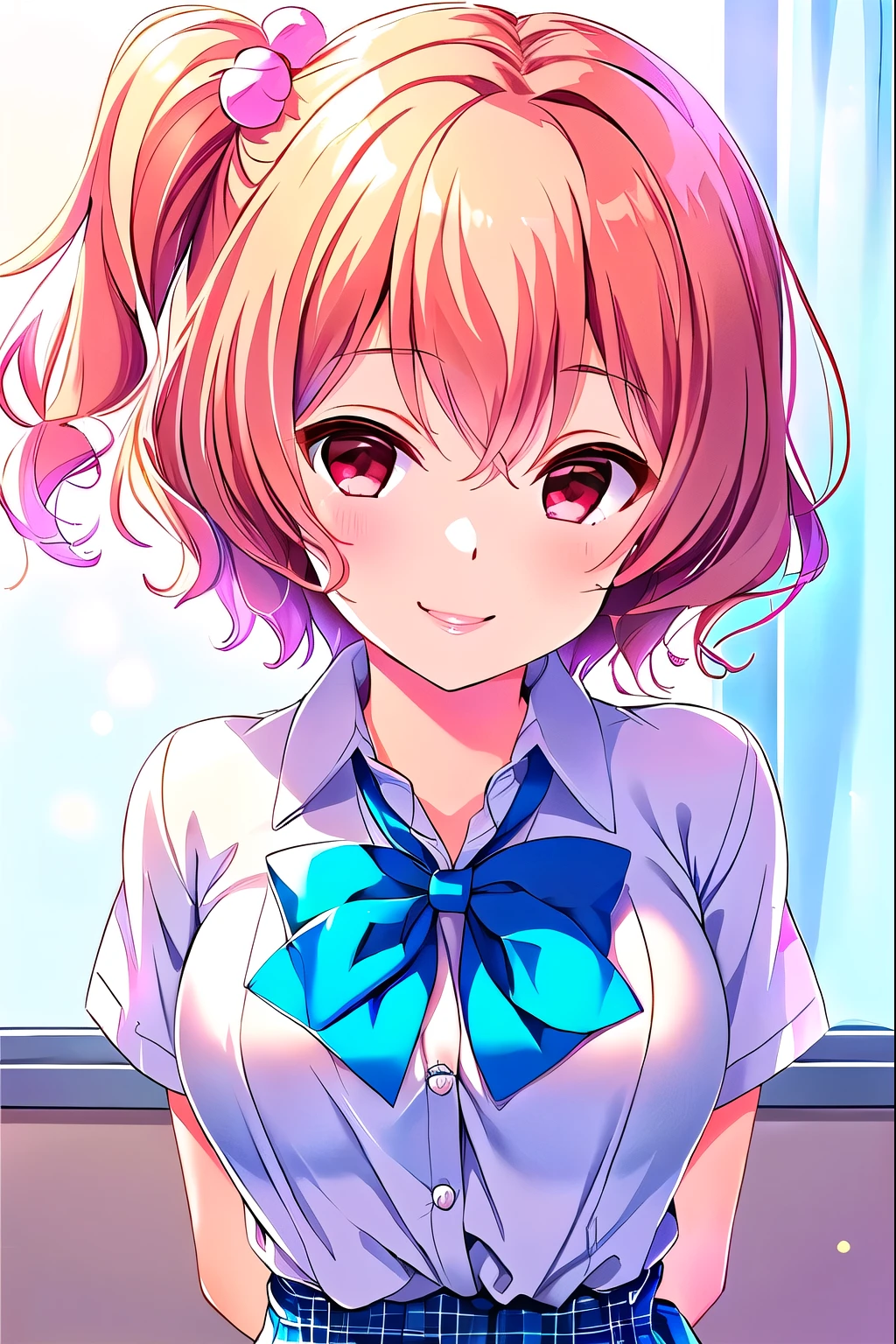 (masterpiece, top quality), Highly Detailed Background, perfect lighting, top quality, (upper body close-up angle:1.4), (arms behind back:1.6), Tomura Michiru, Alone, indoors, School Classroom, (tilt your neck:1.3), Orange Hair, (One side up), ( pink hair bobble), hair between eyes, short hair, Red Eyes, medium boobs, (Blue Bowtie:1.3), white shirt, Short sleeve, blue skirt, plaid skirt、white thin thighs,、white knee socks, Glossy、school uniform, (and a teasing smile:1.2),pink lips,