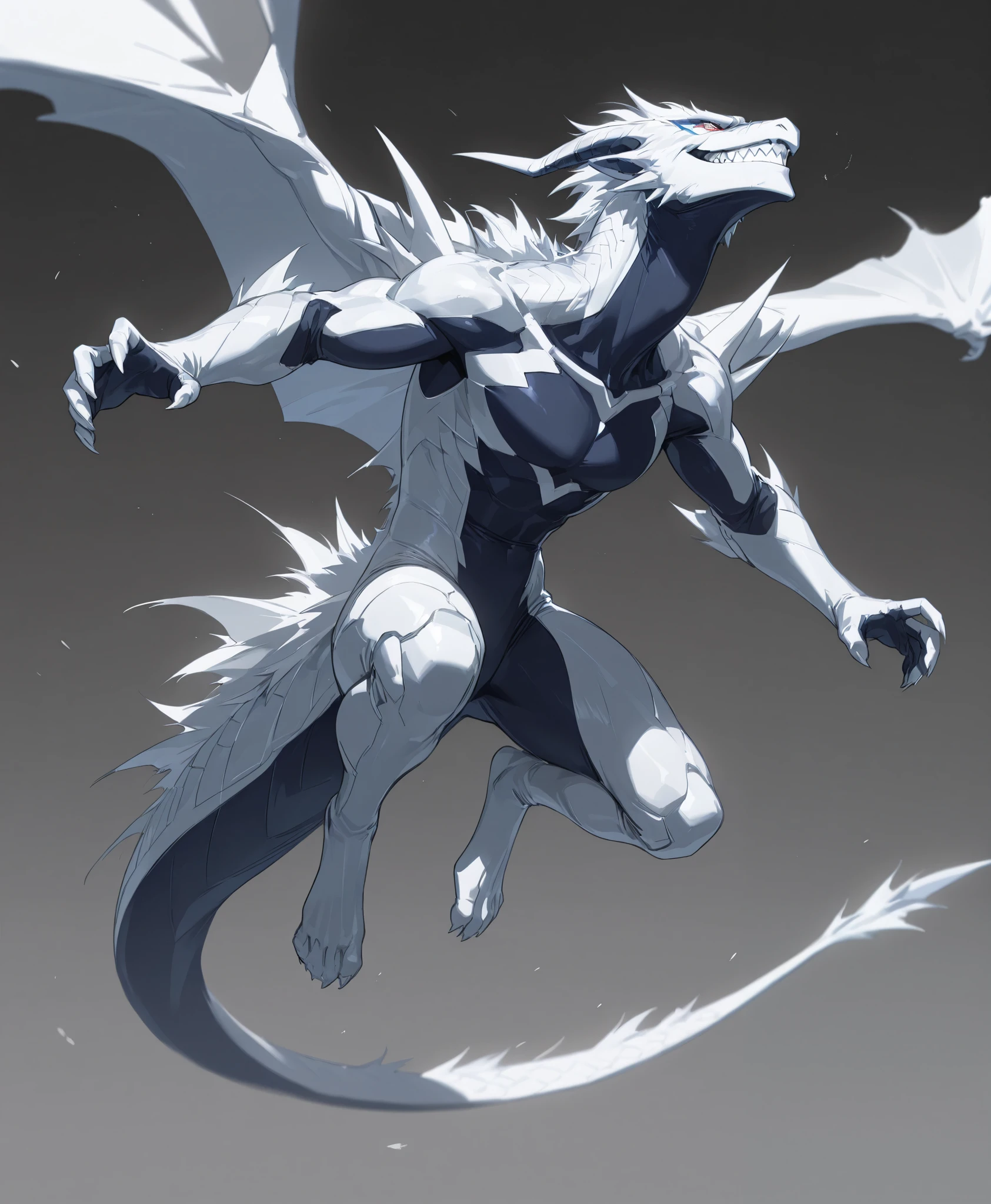 full body、 fight scene、simple background、dynamic、Superb details、high image quality during sick leave、fearless smile、Face off against the white dragon