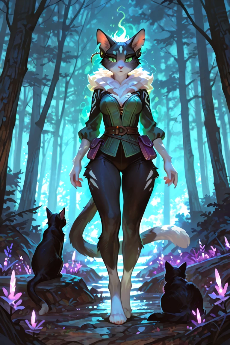Dressed ((fur)) female alien, anthropomorphic avatar, three eyes, an eye in the middle of the forehead, cat ears, pointed beak, slender fingers, green flashing in the eyes, two hands, looking fierce, with a huge banyan tree, glittering, glowing plants in the background
