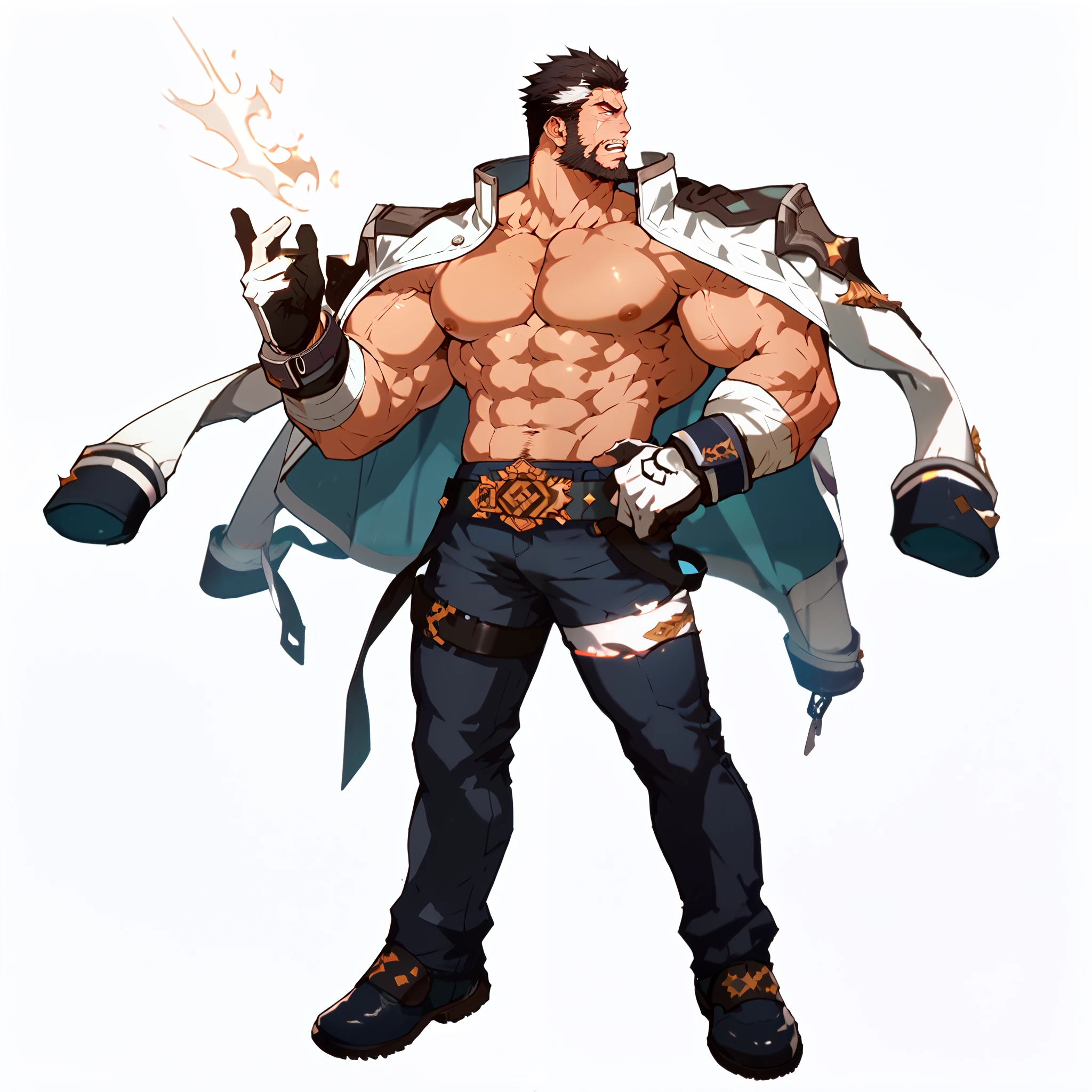Score_9, Score_8_up, Score_7_up, Highly Detailed, fine details, White background, 1 boy , 's only, mature male, short hair, black hair, white streak, Gloves, jacket, Topless ,nipple, scar, biceps , beard, white briefs, jacket on shoulders, manhood , front, stands,Muscle display ,Profile,armpit,full body,